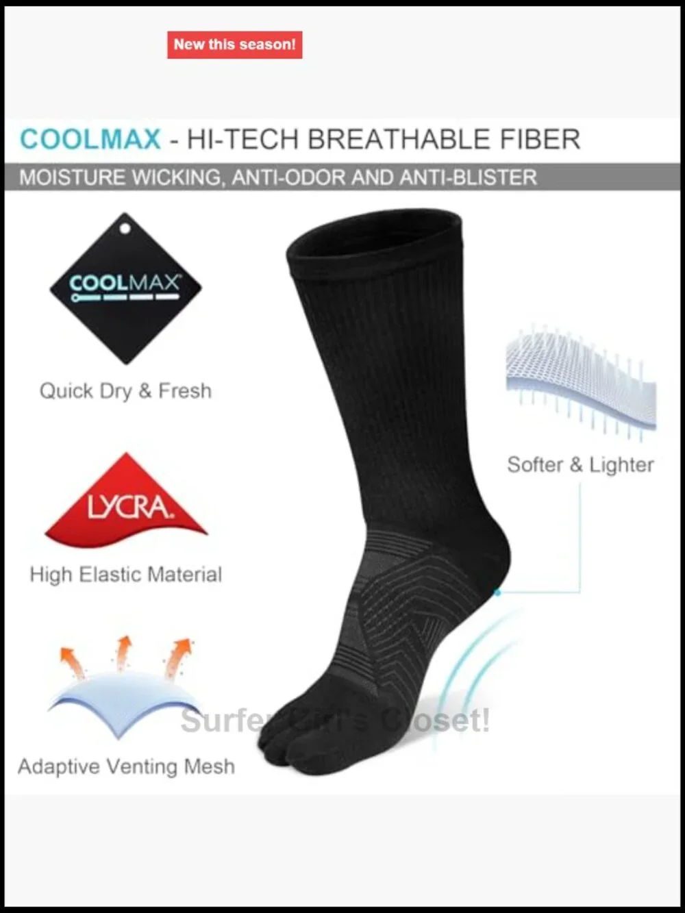 COOLMAX Mid-Calf Five Toe Socks Athletic Breathable Running 3 Pairs